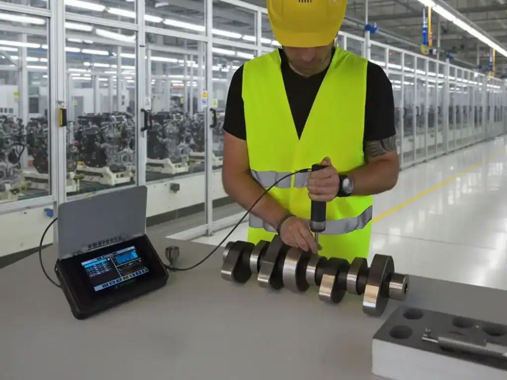 Opérateur réalisant une mesure de dureté par ultrason avec une sonde UCI motorisée Equotip 550 sur un vilebrequin.