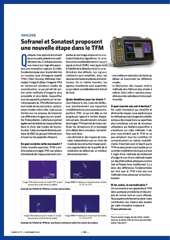 Page de l'article du magazine CEM N°77 présentant l'innovation d'imagerie TFMi de Sofranel et Sonatest sur le Veo 3.