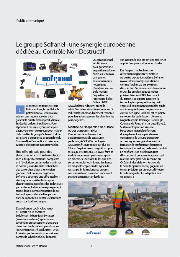 Page de l'article du magazine CEM dédié à la synergie du Groupe Sofranel en contrôle non destructif, illustrant divers équipements et un technicien sur site industriel.