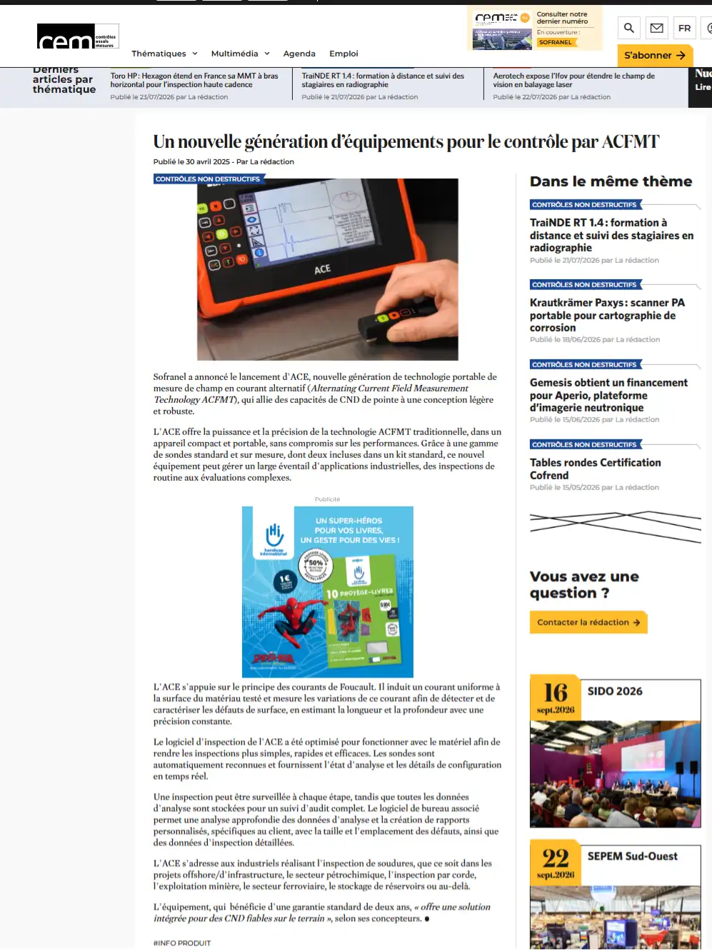 Article en ligne du magazine Contrôles Essais Mesures (CEM)présentant la nouvelle génération d'équipements pour le contrôle par ACFM de Sofranel avec l'appareil ACE