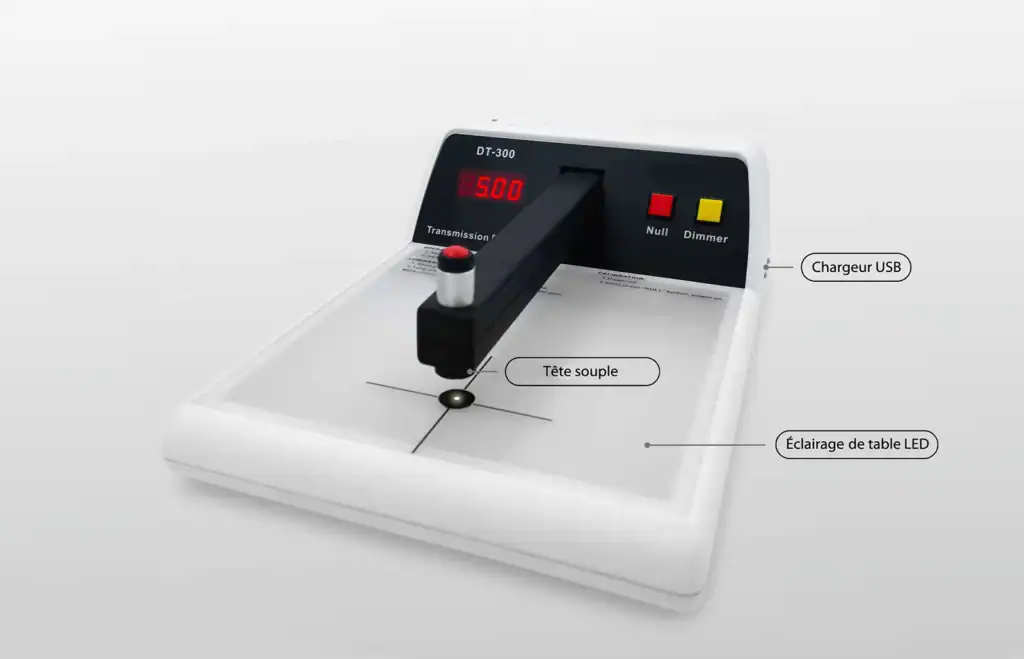 Vue d'ensemble du densitomètre à transmission DT-300 PLUS mettant en évidence la tête souple, l'éclairage de table LED et le port USB
